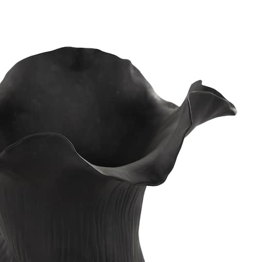 10.5" Black Ceramic Abstract Floral Vase with Linear Grooves